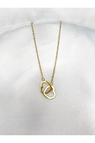 Herşey Nota İç İçe Kalpler Aşk Sevgi Bağlılık Kolyesi Gold Renk Paslanmaz Çel...