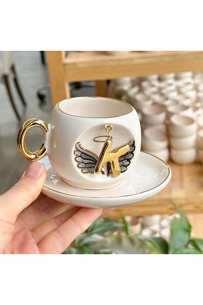 BSK Black Angel Patterned Ceramics Handmade Cup - Letter K