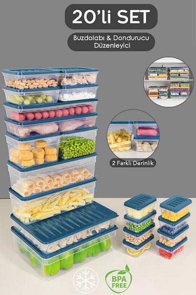 Meleni Home Set of 20 Refrigerator Organizer Organizer Storage Container Deep and Shallow Microwave Freezer Container Blue