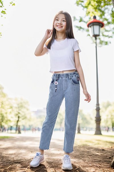 Pantulux Pantaloni din denim 100% bumbac cu talie elastică pentru fete
