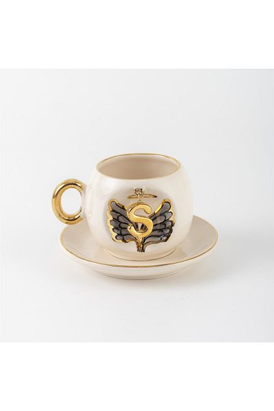 BSK Black Angel Patterned Ceramic Cup with Letters - Brown