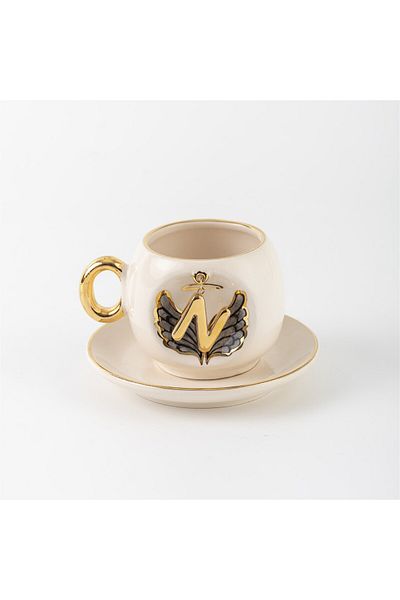 BSK Black Angel Patterned Ceramics Handmade Cup - Letter N