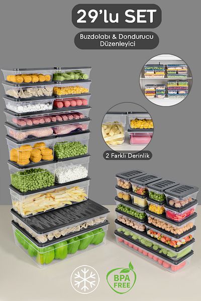 Meleni Home 29-Piece Anthracite Color Refrigerator Organizer Set - Deep and Shallow Microwave Freeze Container