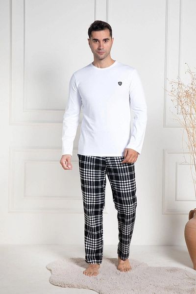 Mecit Pijama Set de pijamale pentru bărbați, cu mâneci lungi, în carouri, din bumbac de iarnă