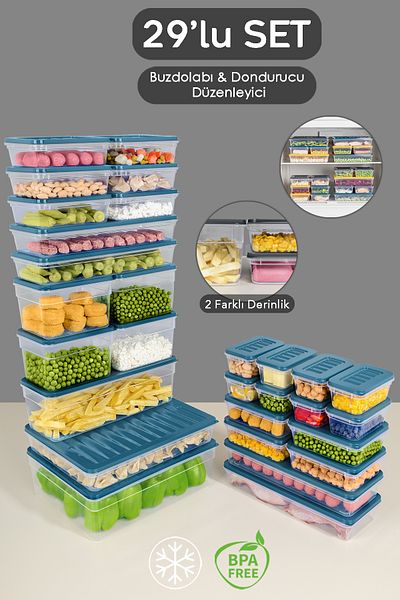 Meleni Home 29-Piece Refrigerator Organizer Set Organizer Storage Container Deep and Shallow Microwave Freezer Container Blue