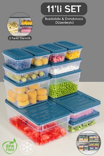 Meleni Home 11-Piece Blue Fridge Organizer Set - Deep and Shallow Storage Container