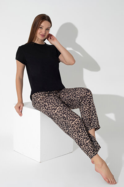ModaLeaf Black Leopard Print Short Sleeve Pajamas Set 302