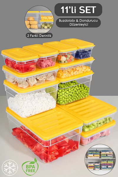 Meleni Home 11-Piece Yellow Refrigerator Organizer Set - Deep and Shallow Microwave Freezer Container