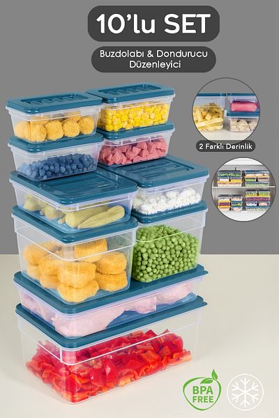 Meleni Home 10-Piece Blue Refrigerator Organizer Set - Deep and Shallow Microwave Freezer Container