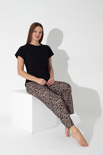 ModaLeaf Black Leopard Print Short Sleeve Pajamas Set 302