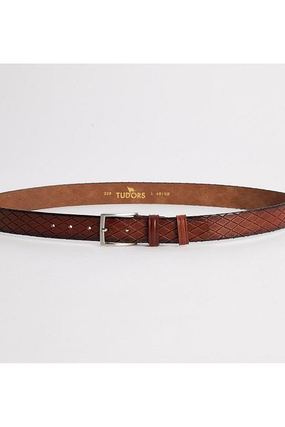 Tudors Men's 100% Genuine Leather 3.5 cm Patterned Classic Brown Belt