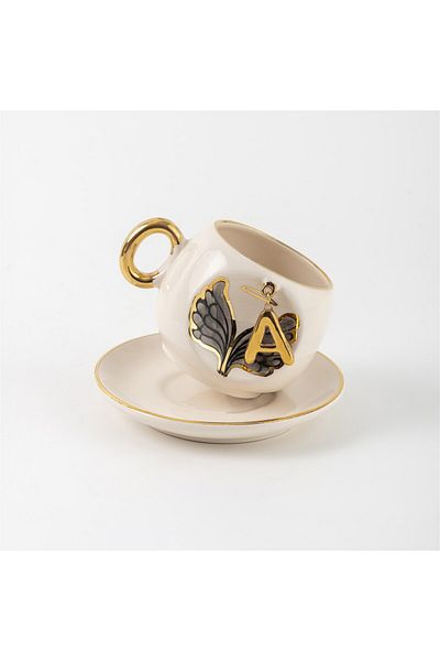 BSK Black Angel Patterned Ceramics Handmade Cup - Letter A