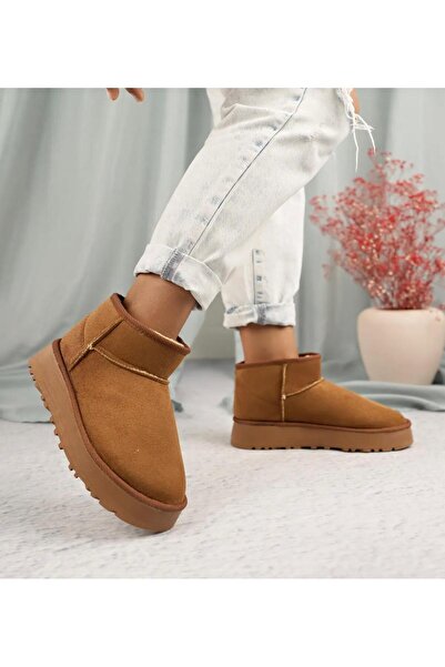 SİVMAL Mini Taba Süet Yarım Bot Içi Tüylü Düz Taban Kadın Ayakkabı