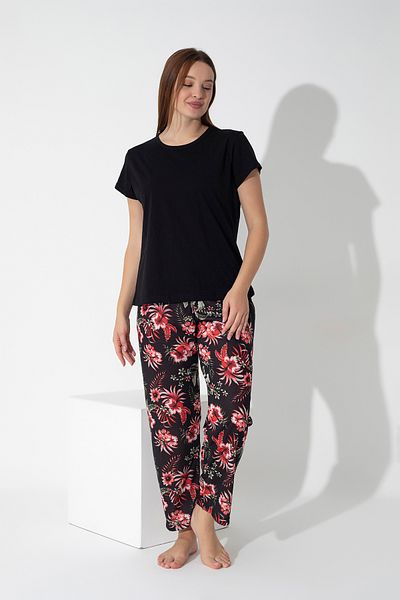 ModaLeaf Black Color Flower Pattern Short Sleeve Pajamas Set 300