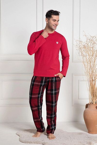 Mecit Pijama Set de pijamale pentru bărbați, cu mâneci lungi, în carouri, din bumbac de iarnă