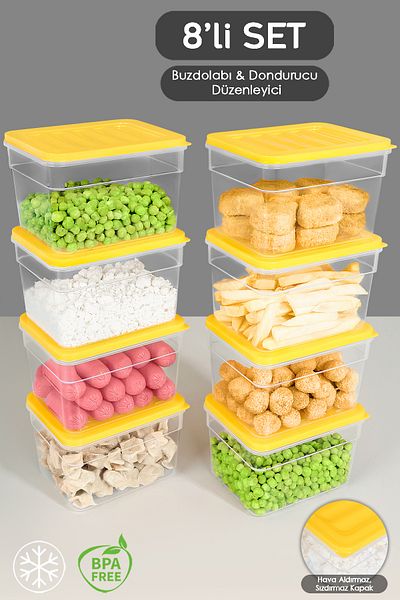 Meleni Home 8-Piece Yellow Microwave Freezer Container - Deep Fridge Organizer Set, 1100ml