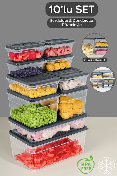Meleni Home 10-Piece Anthracite Refrigerator Organizer Set - Deep and Shallow Microwave Freezer Container