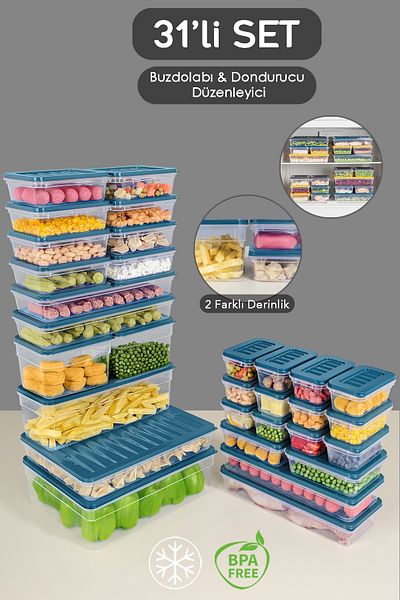 Meleni Home 31-Piece Refrigerator Organizer Set Organizer Storage Container Deep and Shallow Microwave Freezer Container Blue
