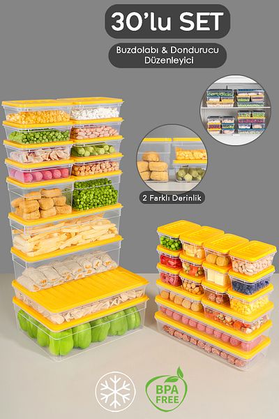 Meleni Home 30-Piece Yellow Refrigerator Organizer Set - Deep and Shallow Microwave Freeze Container