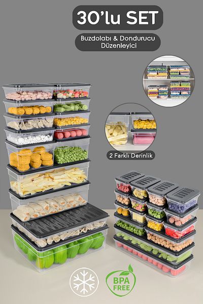 Meleni Home Set of 30 Anthracite Color Microwave Food Food and Organizer - Deep and Shallow Storage Container
