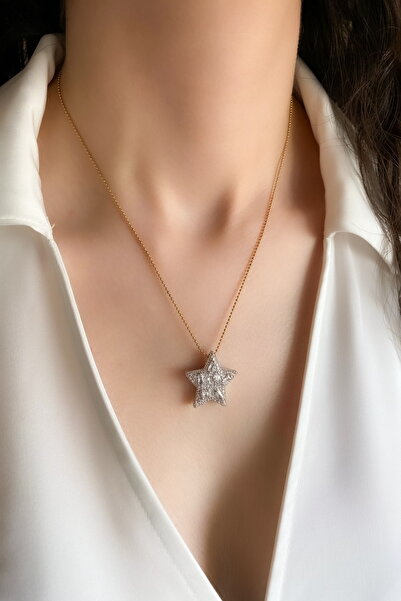 DEMOKAN Kadın Çelik Kolye Boncuk Zincir Full Zirkon Balon Yıldız Kolye