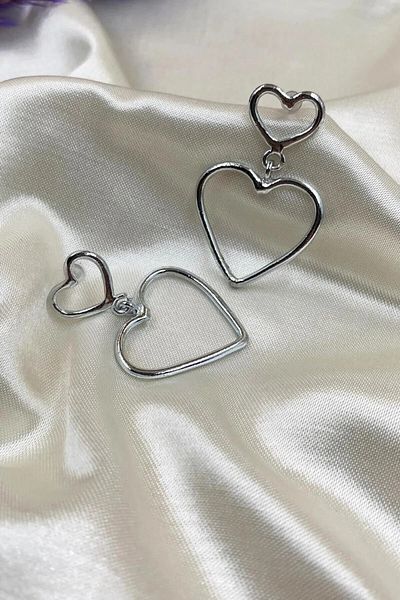 Ervalina Silver Color Double Dangle Heart Earrings