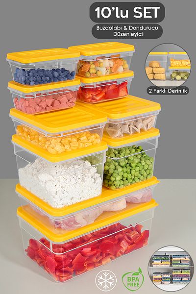 Meleni Home 10-Piece Yellow Refrigerator Organizer Set - Deep and Shallow Microwave Freezer Container