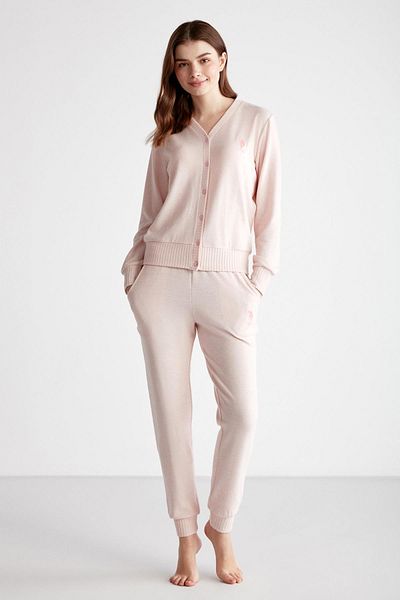 U.S. Polo Assn. Tricotaj pentru femei Cardigan și pantaloni Set de îmbrăcăminte pentru acasă, top cu decolteu în V, mâneci cu nasturi și manșete pentru picioare