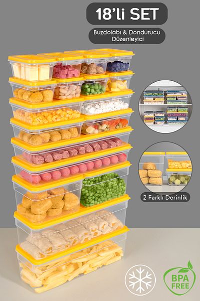 Meleni Home 18-Piece Yellow Refrigerator Organizer Set - Deep and Shallow Microwave Freeze Container