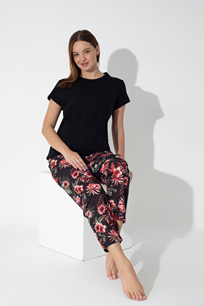 ModaLeaf Black Color Flower Pattern Short Sleeve Pajamas Set 300