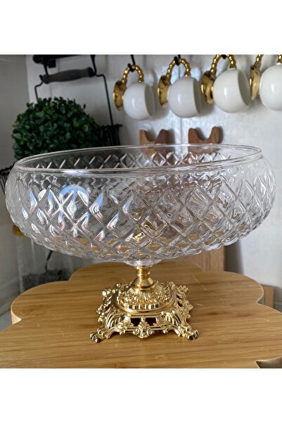 atabey home collection Lotus Crystal 24 cm - Gold Foot Salad Bowl with Square Cutting Decor