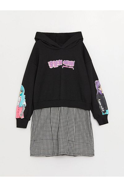 LC Waikiki Hooded K-Pop Printed Long Sleeve Girl's Dress