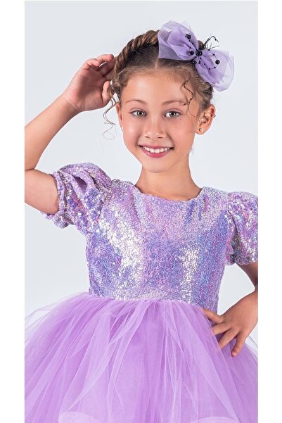 Mnk Baby&Kids Tütü Gren Etekli Kız Çocuk Pul Payetli Kısa Kol Kikidi Elbise MNK0601 LİLA