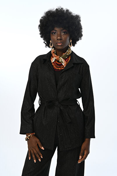 Orfeo Negro سترة قميص نسائية منقوشة باللون الفضي مع جيوب وشاحات غير مبطنة