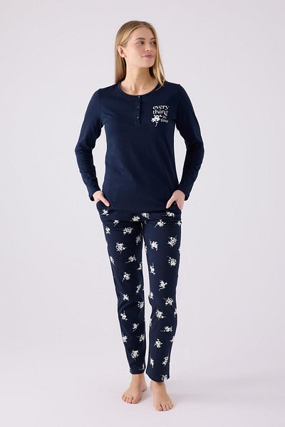 Arnetta Navy Blue 100% Cotton Large Size Pajama Set - Buttoned Collar