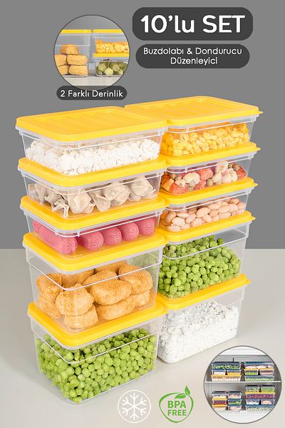 Meleni Home 10-Piece Yellow Refrigerator Organizer Set - Deep and Shallow Microwave Freezer Container