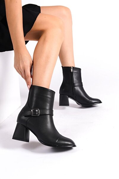 MRVN MERVINA Kadın Siyah Cilt Orta Boy Topuklu Bot Aby