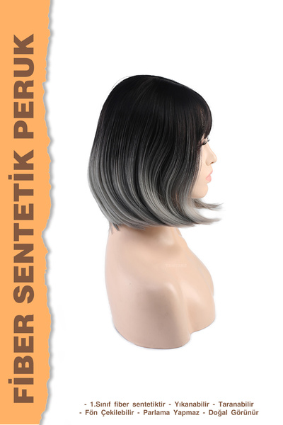 KONAK PERUK Küt Perçemli Fiber Sentetik Peruk - Siyah / Gri Ombreli