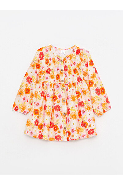 LC Waikiki Ecru Crew Neck Long Sleeve Printed Baby Girl Dress