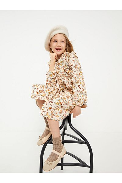 LC Waikiki Kids Crew Neck Patterned Long Sleeve Gabardine Girl's Dress