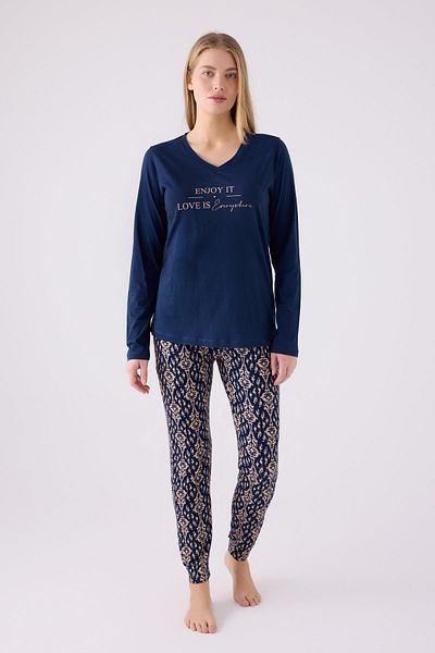 Arnetta Navy Blue V-neck Pocket Skinny Leg Pajama Set - Viscose Woven