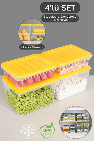 Meleni Home 4-Piece Refrigerator Organizer Set - Deep and Shallow Microwave Freezer Container, Yellow