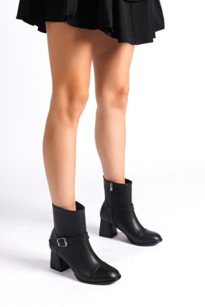 MRVN MERVINA Kadın Siyah Cilt Orta Boy Topuklu Bot Aby