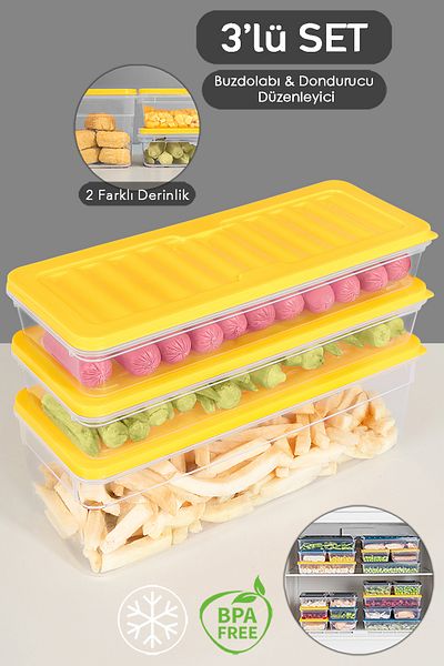 Meleni Home 3-Piece Refrigerator Organizer Set - Deep and Shallow Microwave, L Yellow Freeze Container