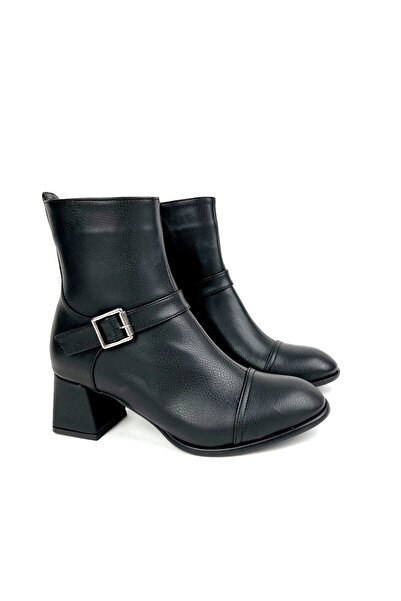 MRVN MERVINA Kadın Siyah Cilt Orta Boy Topuklu Bot Aby