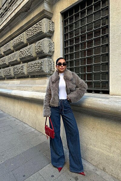 YOUR NAME Gri Fermuar Detaylı Kadın Gri Kürk Ceket