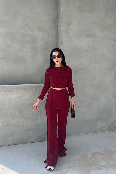 Seda Yalçın Atelier Burgundy Reverse Stitching Detailed Blouse Trousers Knitwear Set
