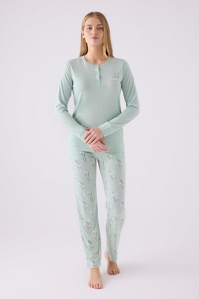 Arnetta Σετ πιτζάμες Nil Green Plus Size - Γιακά με κουμπιά, τσέπες με μακριά μανίκια