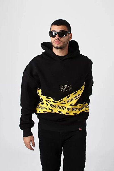 Sekizbiraltı Чому б ні? Чорна оверсайз унісекс-футболка з капюшоном з принтом
