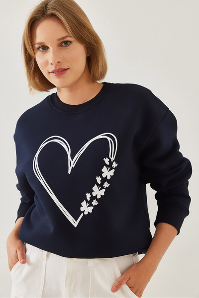 Bianco Lucci Kadın Baskılı Kalp Detaylı Bisiklet Yaka 3 İplik Şardonlu Sweatshirt 60601026